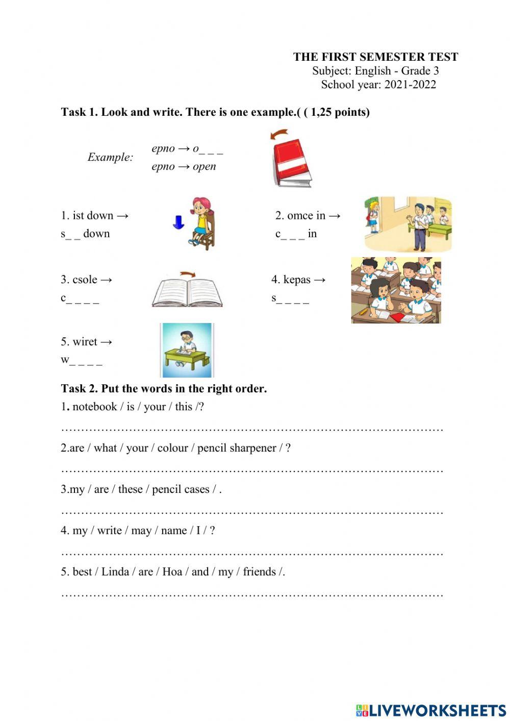 Kiểm tra TA - HK1 - Lớp 3