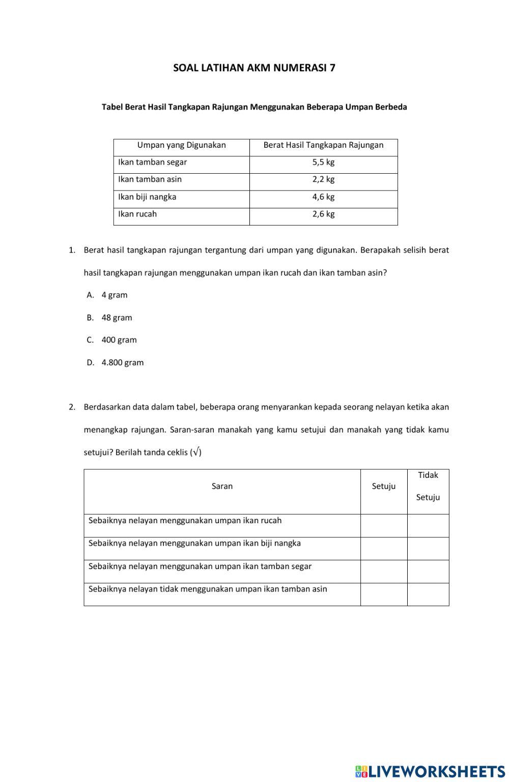 Soal Latihan AKM Numerasi 7