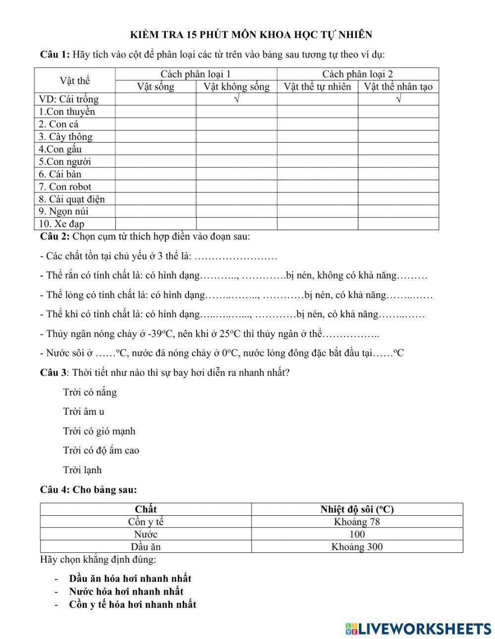 Bài kiểm tra (Hóa học) - Môn KHTN 6