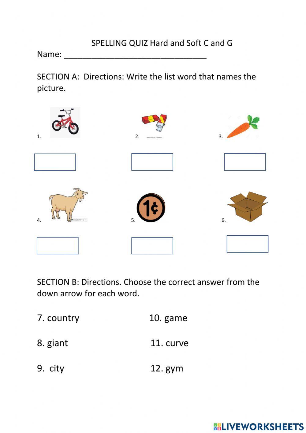 Spelling quiz hard and soft c and g
