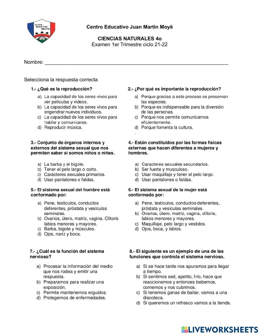 Examen 1er Trimestre Ciencias Naturales