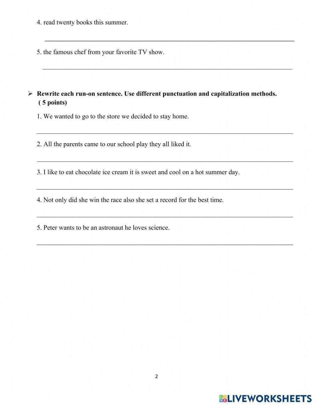 Sentences, Fragments, and Run ons Quiz worksheet Live Worksheets