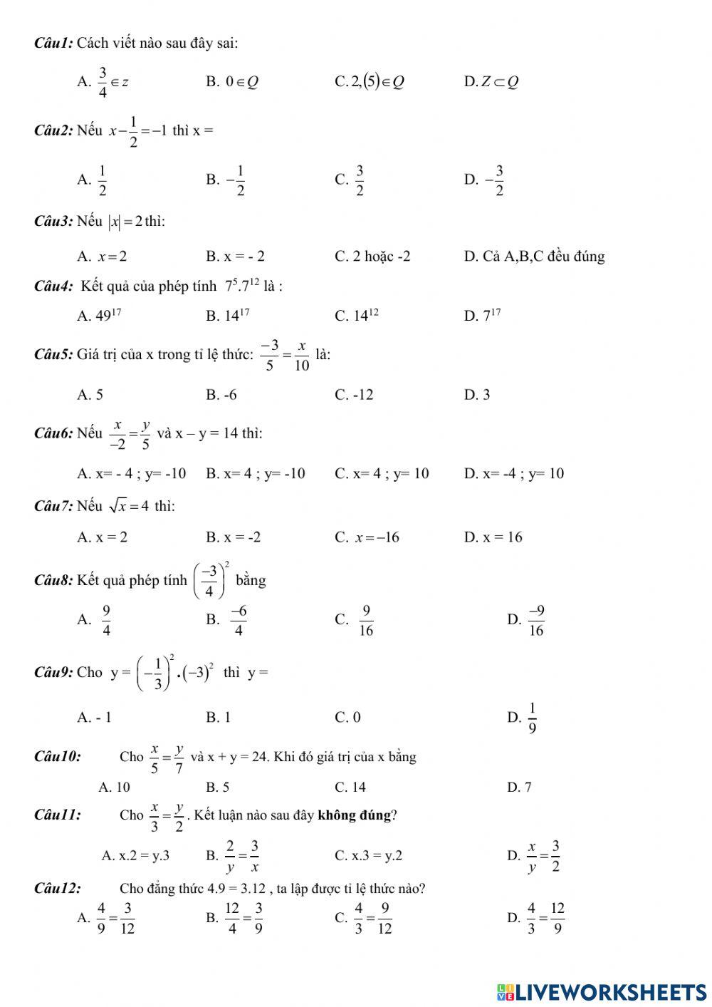 Trắc nghiệm giữa HK1 Toán 7 2