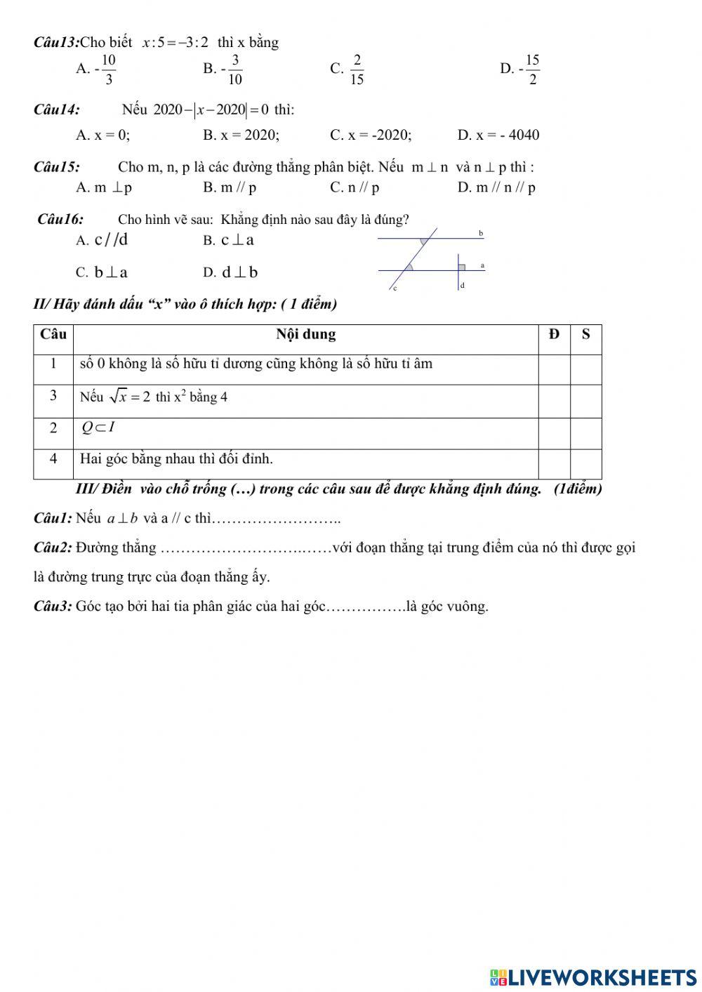 Trắc nghiệm giữa HK1 Toán 7 2