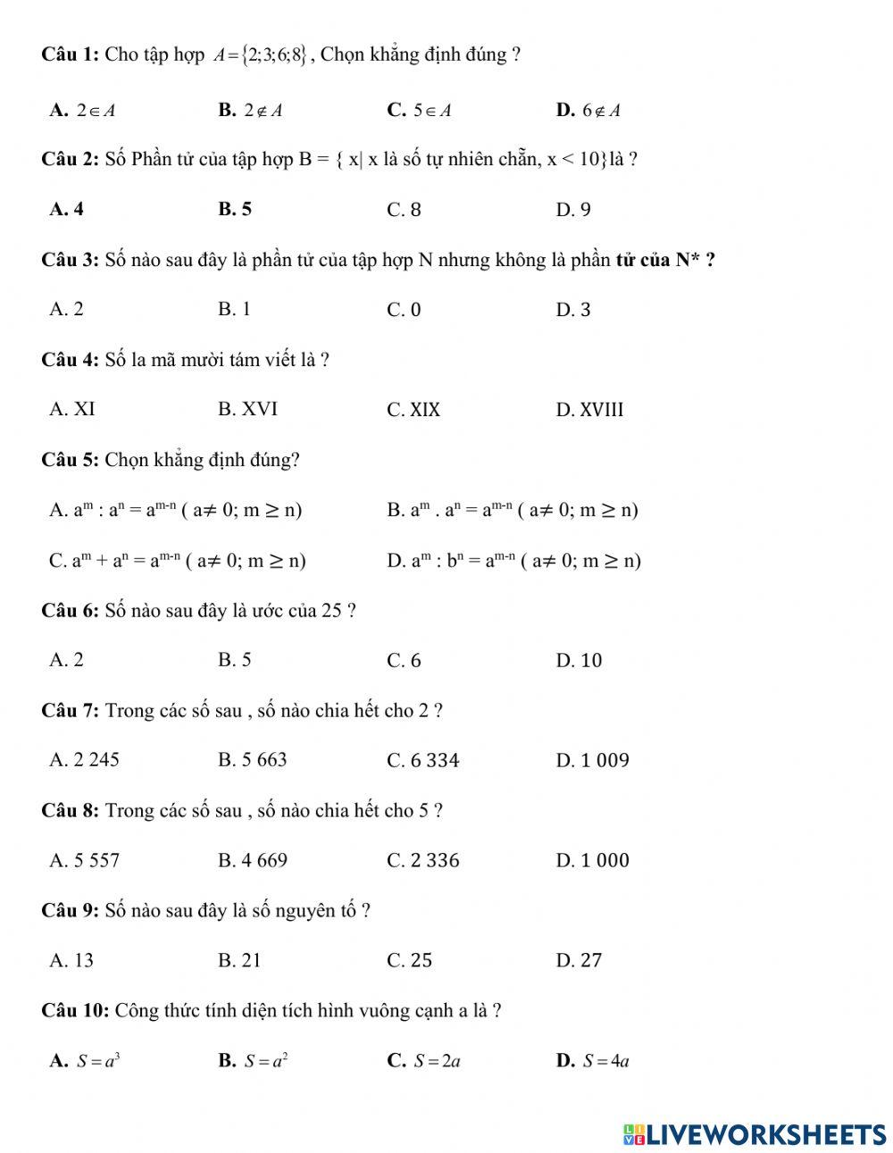 Trắc nghiệm giữa HK1 Toán 6 1