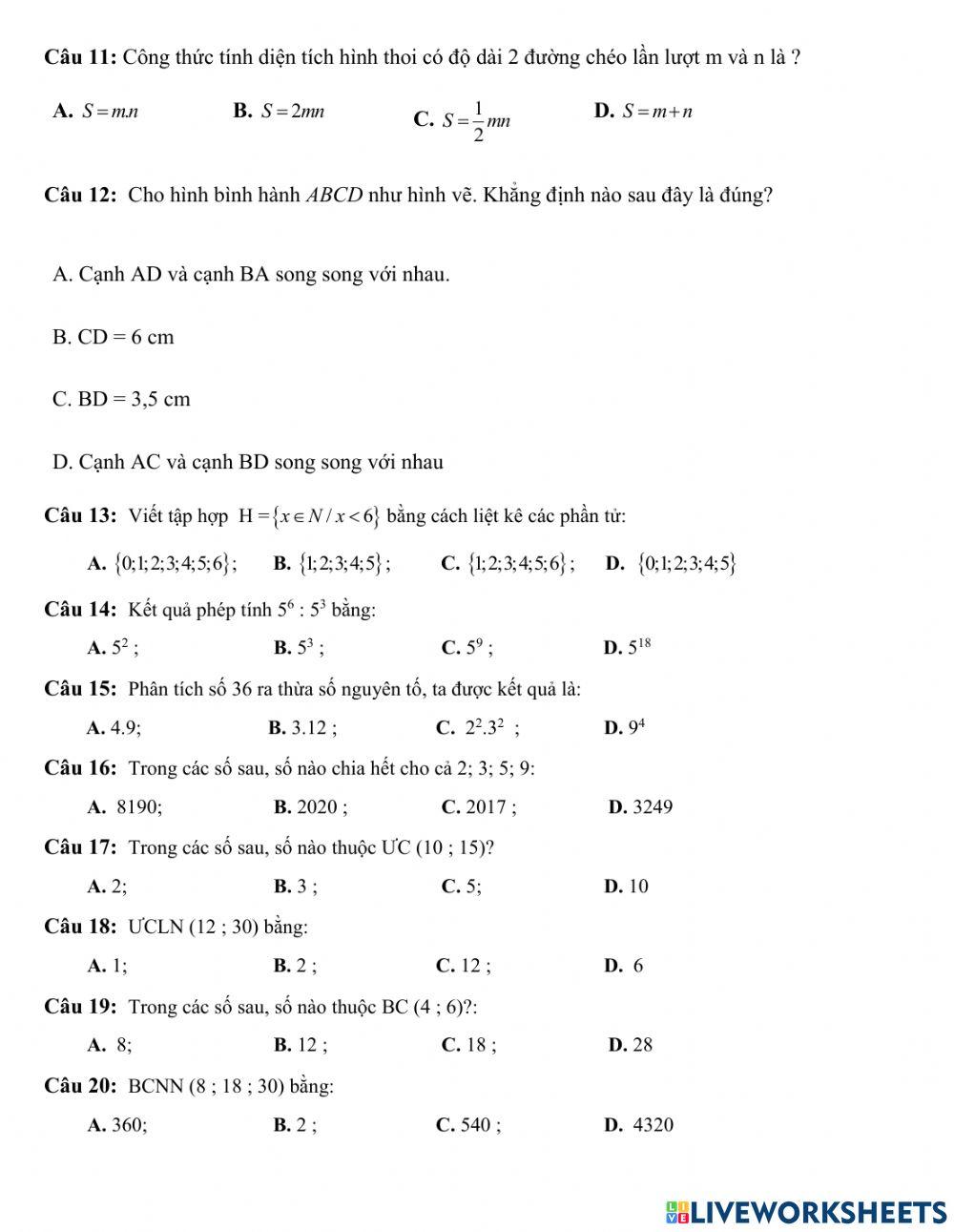 Trắc nghiệm giữa HK1 Toán 6 1