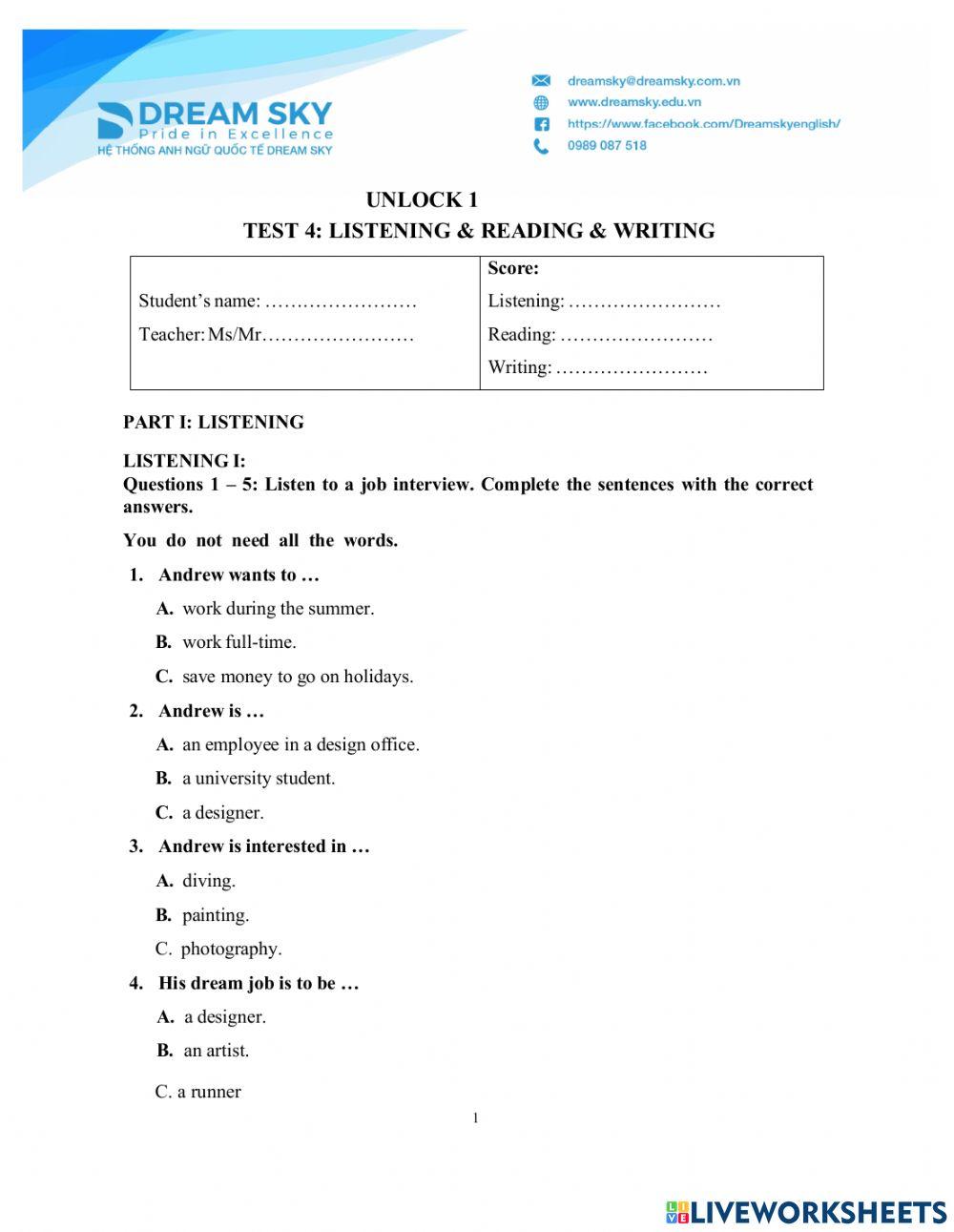 DS - Unlock 1 - Test 4 Listening