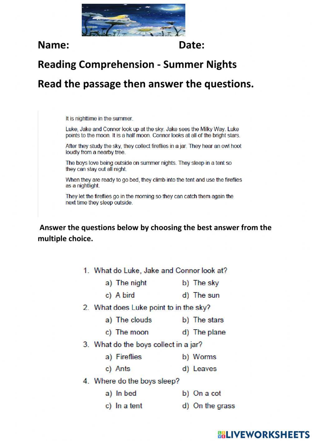 Reading Comprehension- Summer Nights