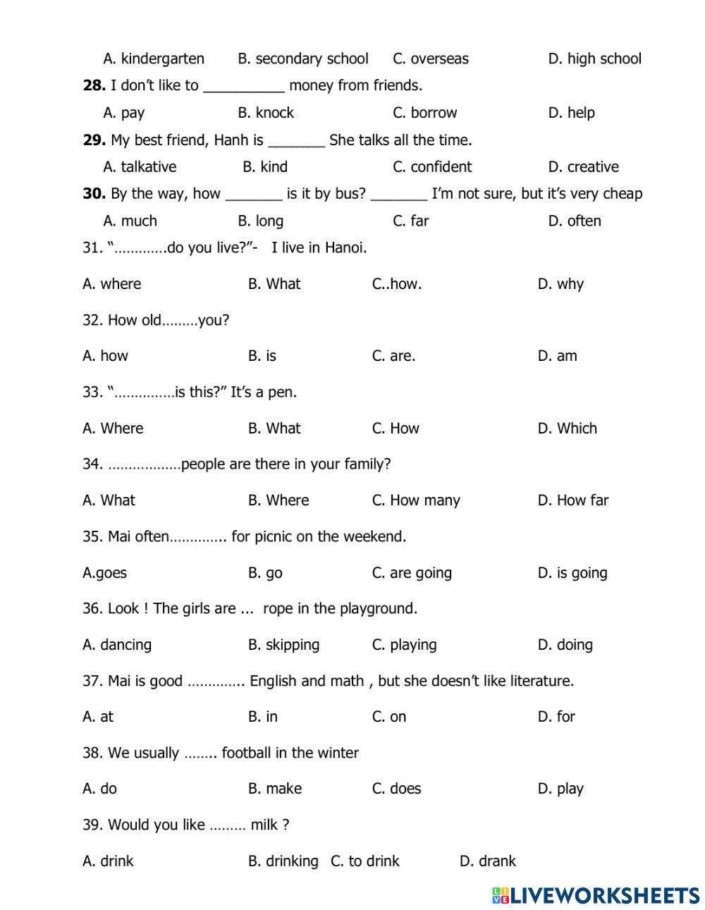 ENGLISH TEST FOR G5 - No 1