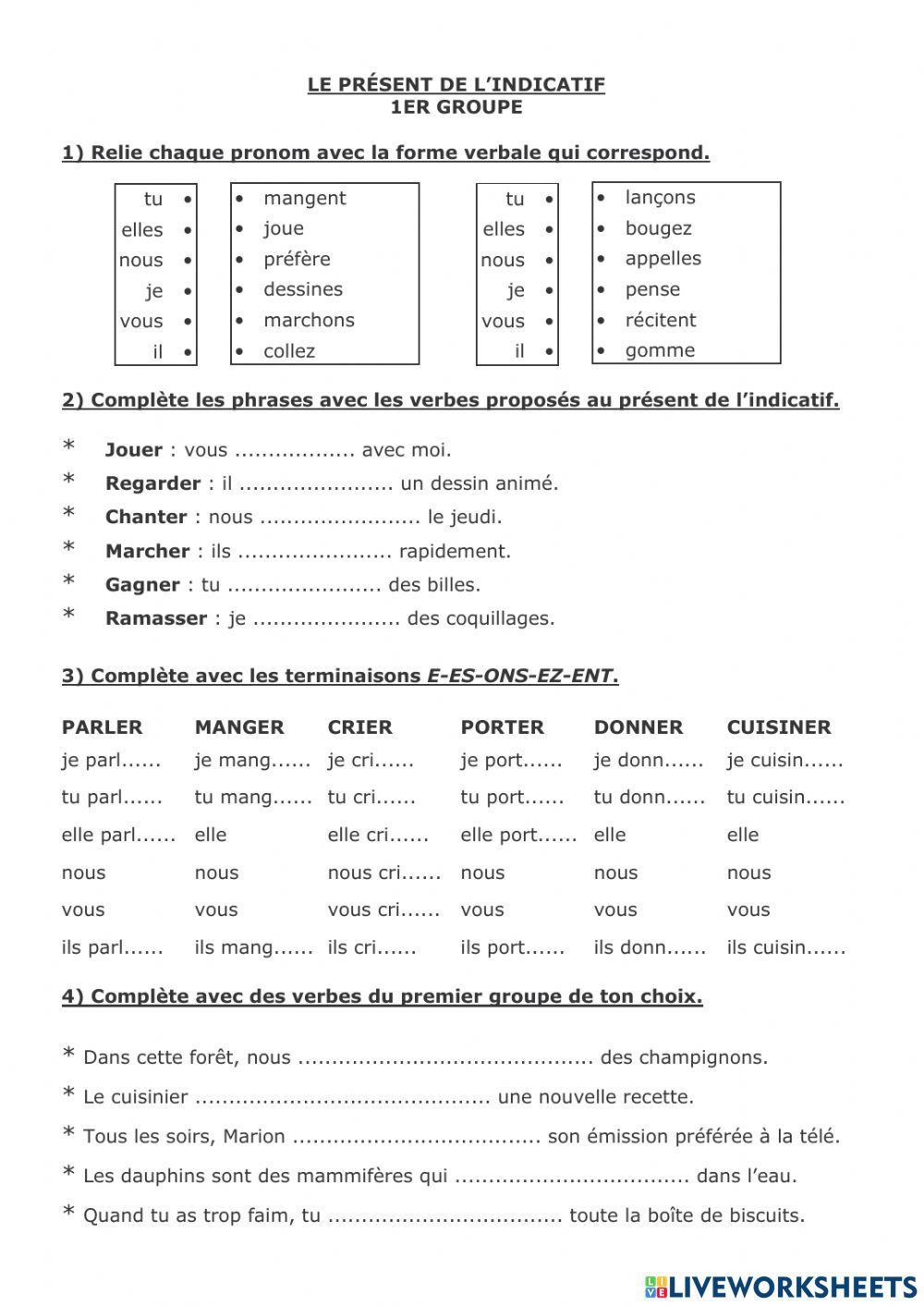 Présent De L indicatif 1er Groupe Le Présent de l'Indicatif : Les Verbes du 1er Groupe. Activité 1 online  exercise for | Live Worksheets