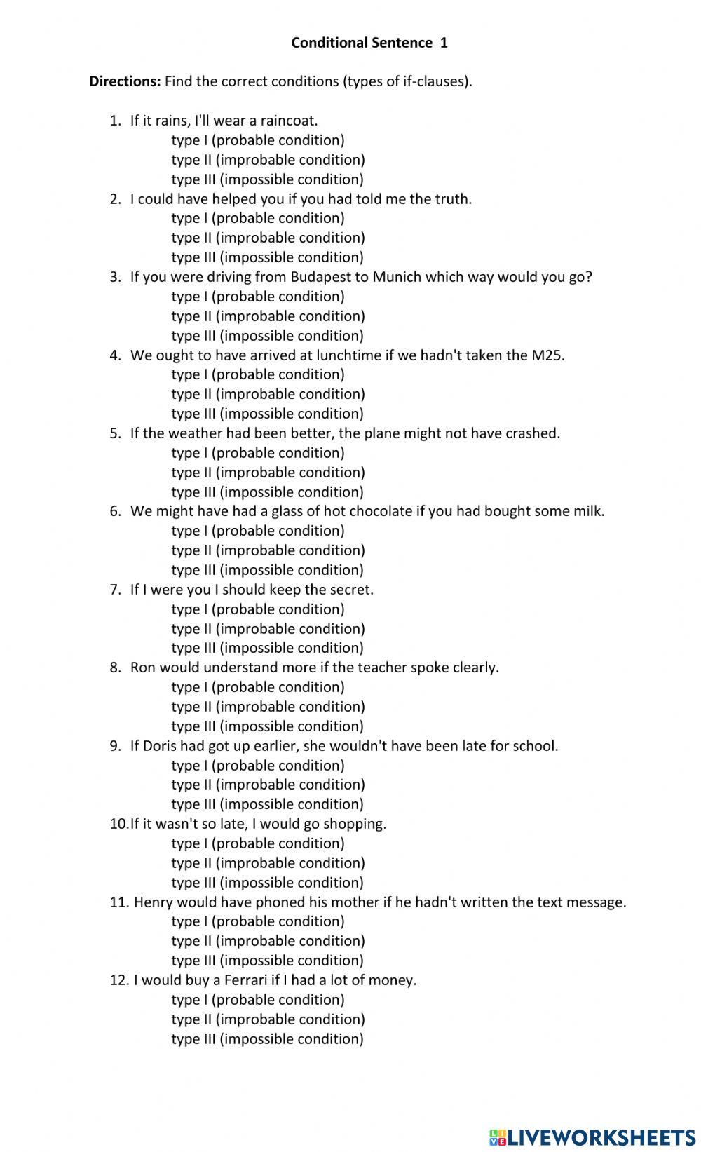 Conditional Sentence 1 online exercise for | Live Worksheets