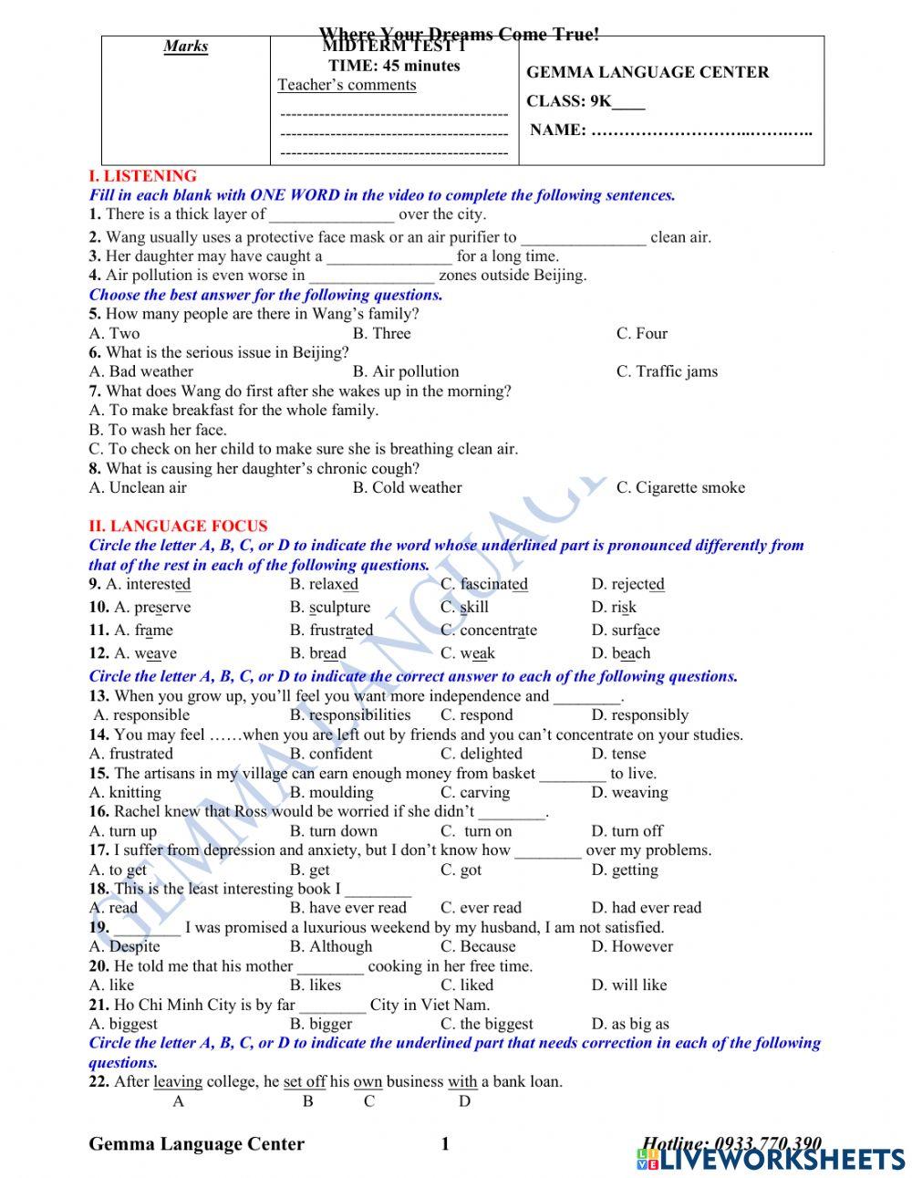 Midterm test 1 Grade 9