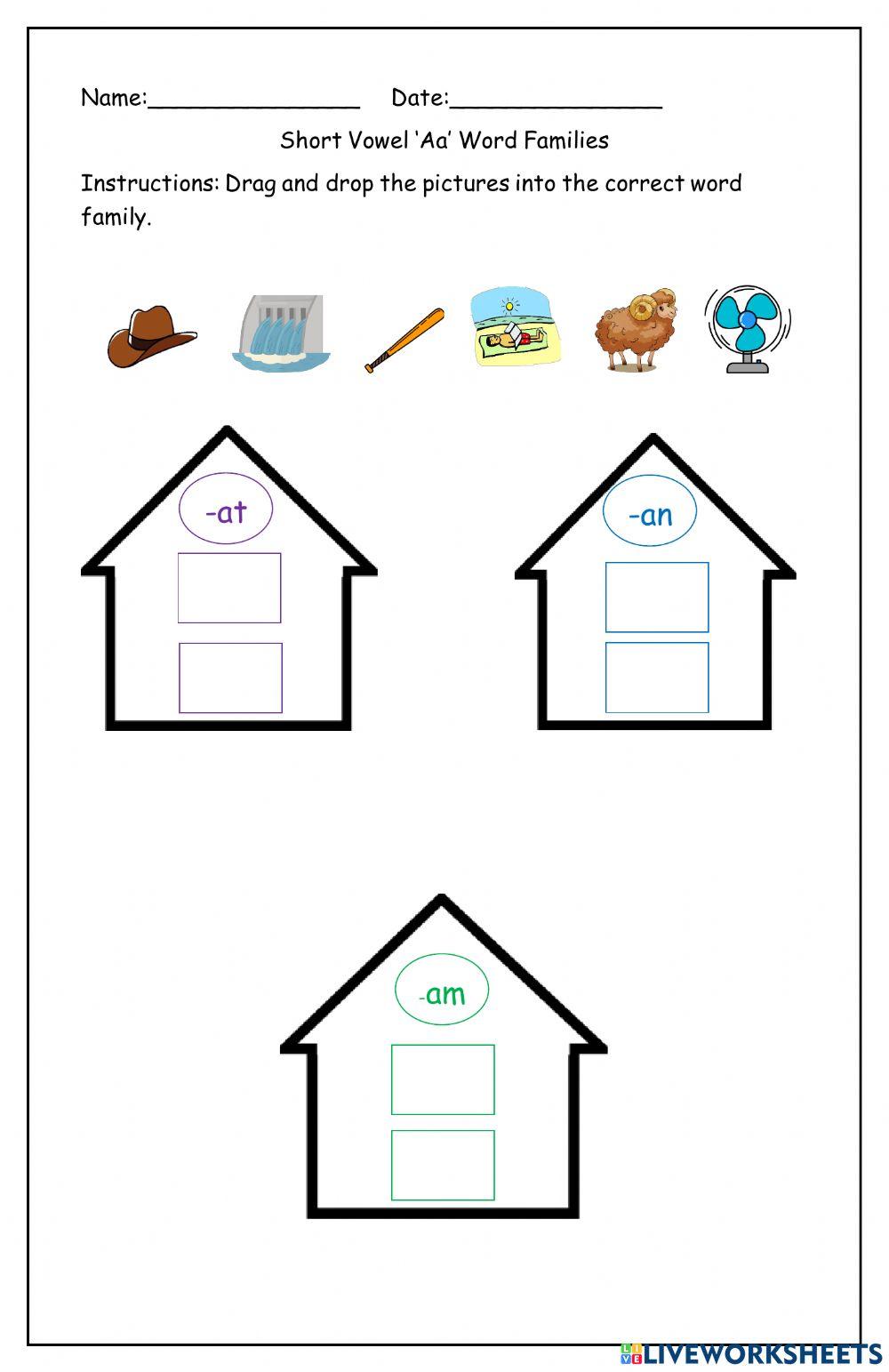 Short Vowel -Aa' Word Families -at, -an, -am
