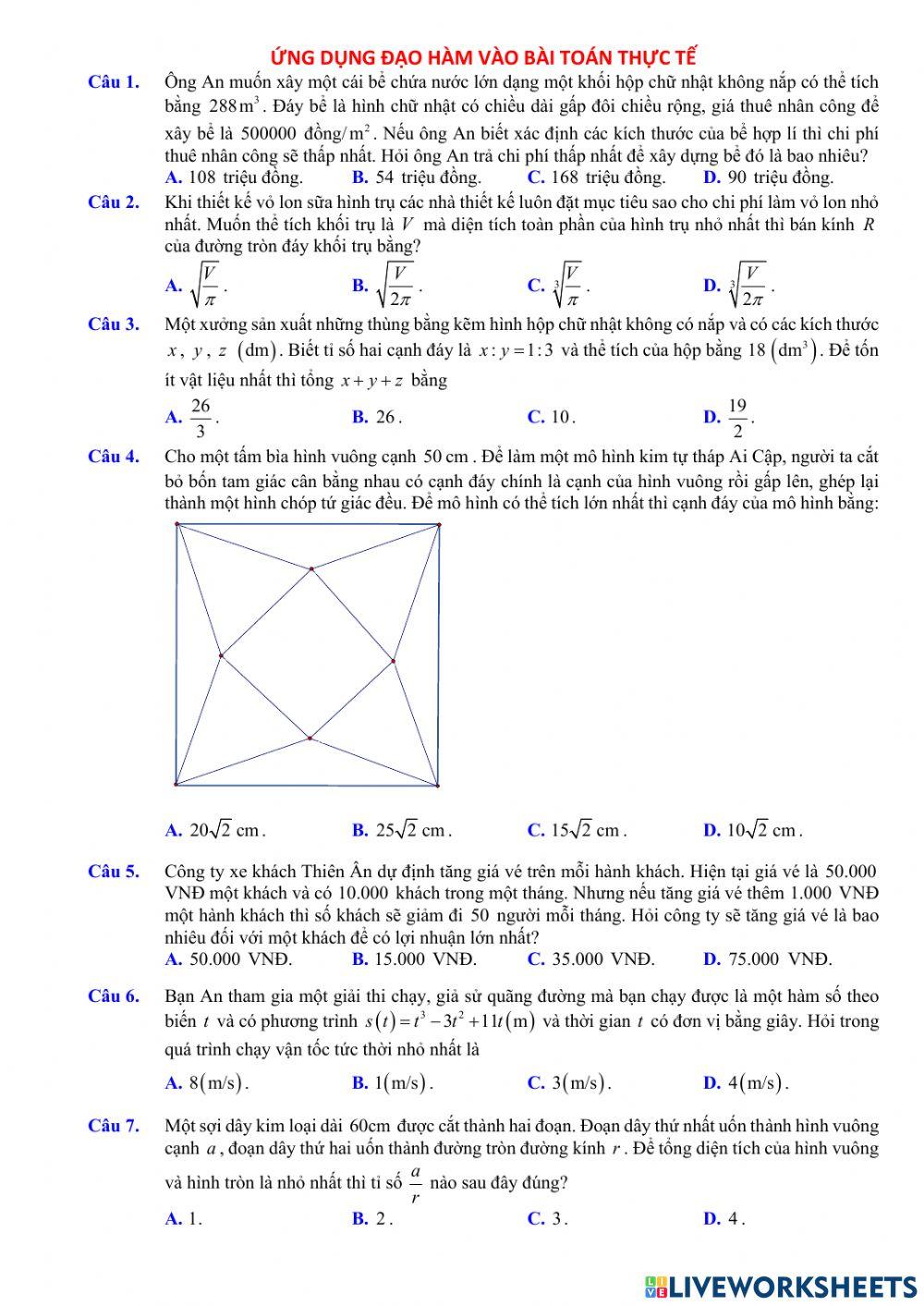 Ứng dụng đạo hàm vào bài toán thực tế