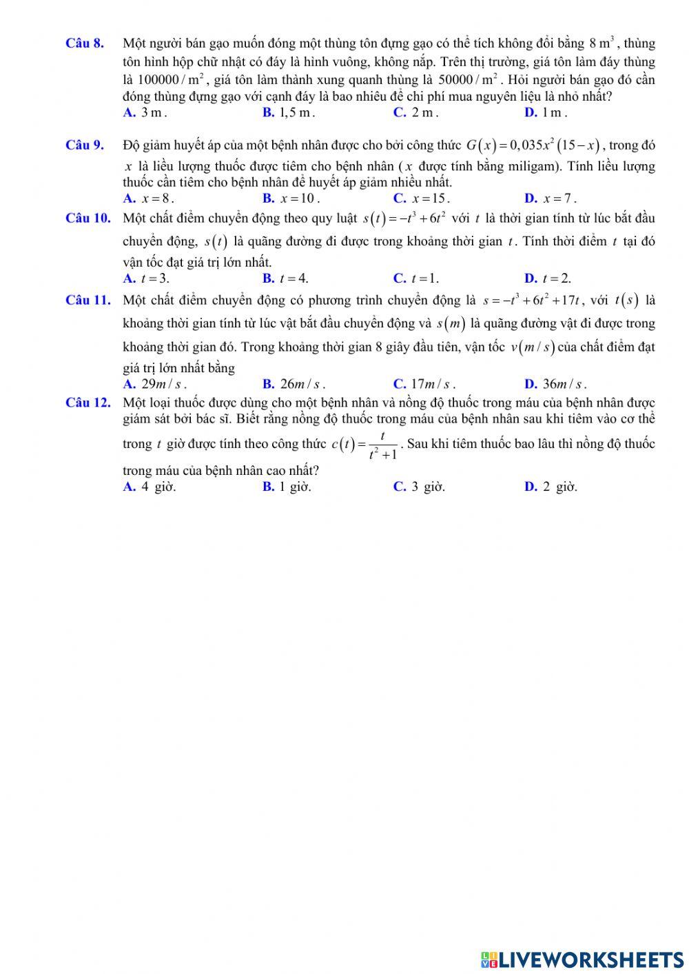 Ứng dụng đạo hàm vào bài toán thực tế