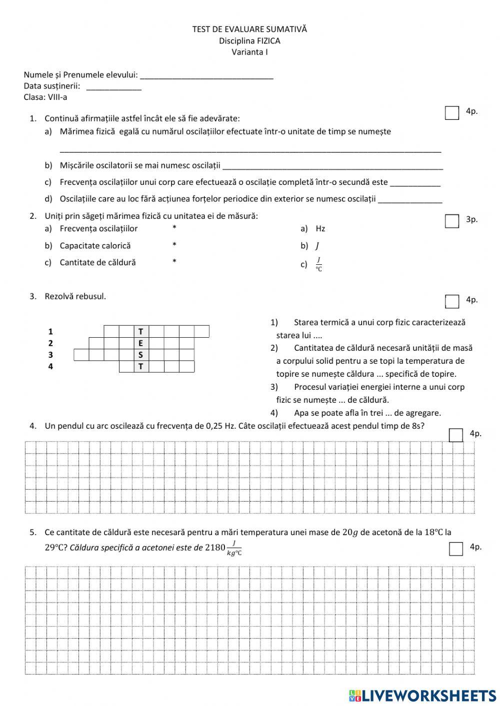 Evaluare sumativă la fizică. Clasa a VIII-a (partea 1)