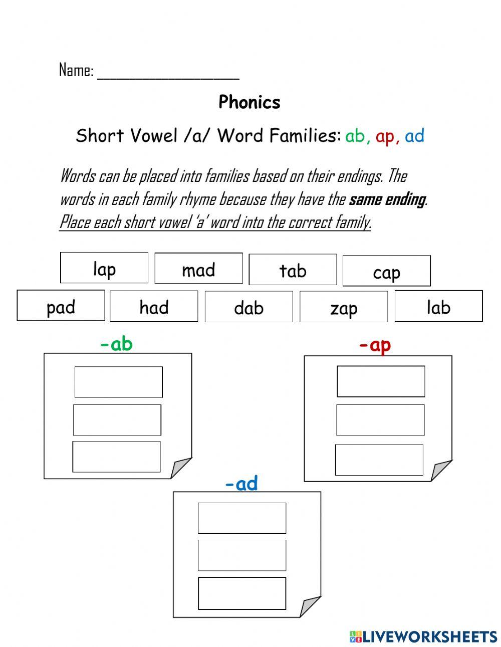 Short Vowel A Word Families