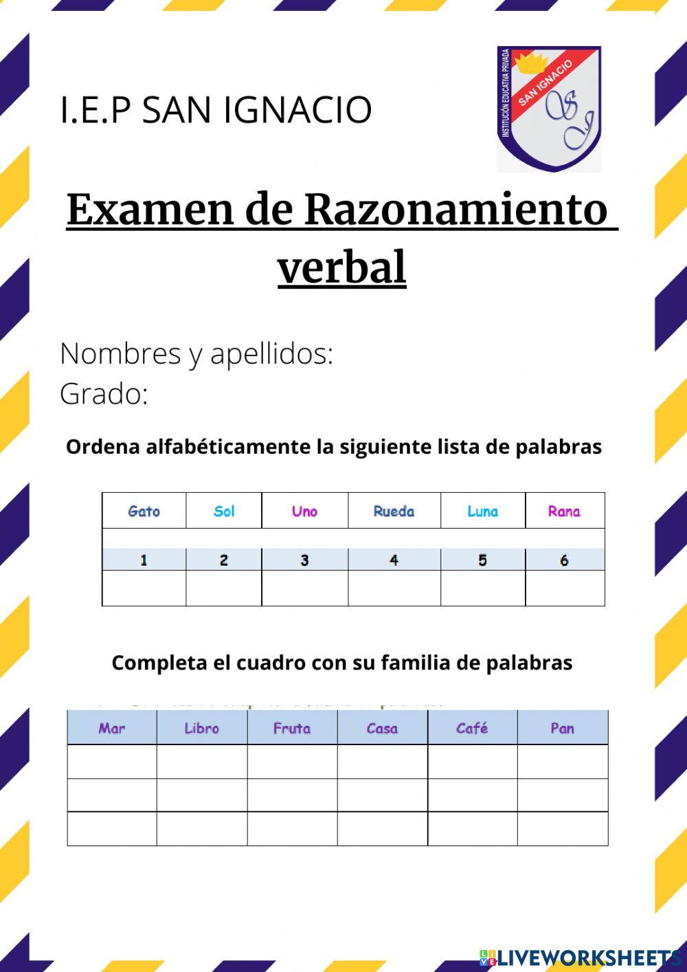 Examen mensual de Razonamiento verbal