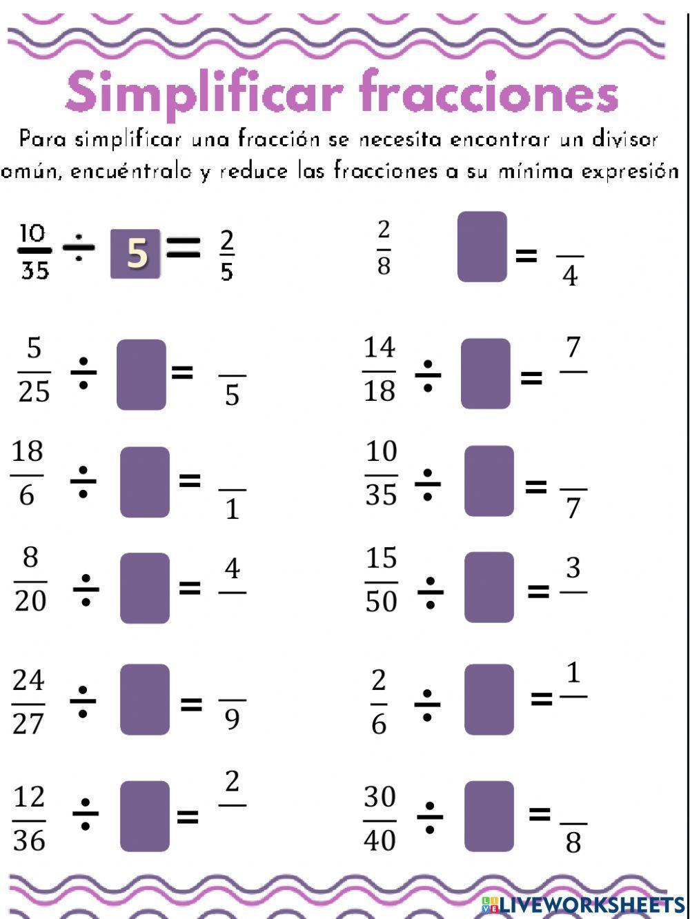 Simplificar fracciones activity for 5to