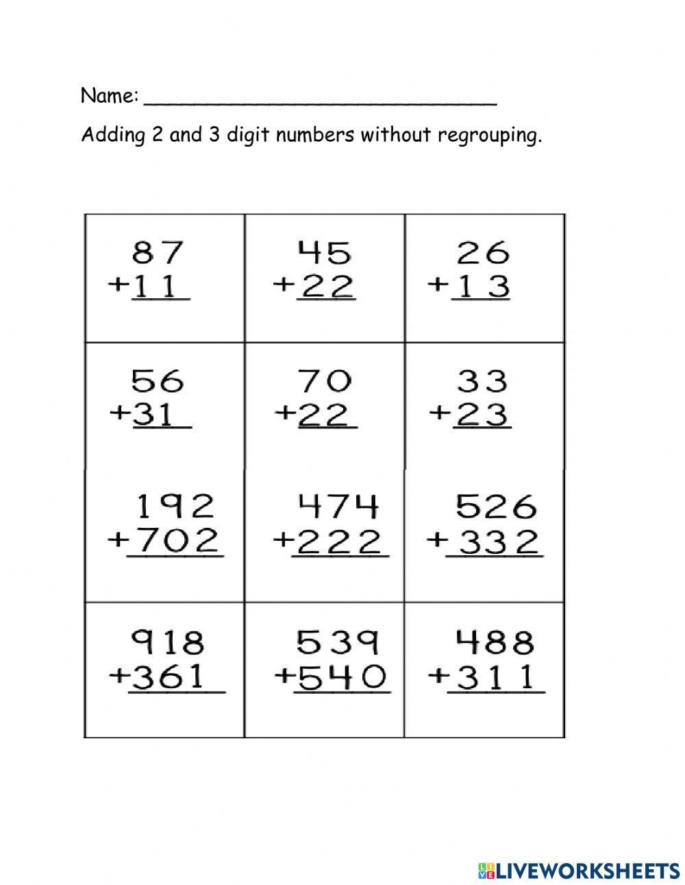 Adding 2 and 3 digit numbers without regrouping