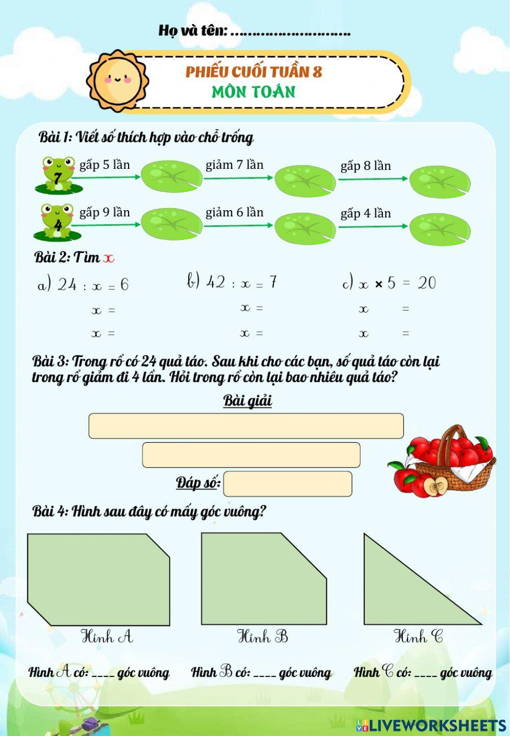 Phiếu cuối tuần 8-lớp 3