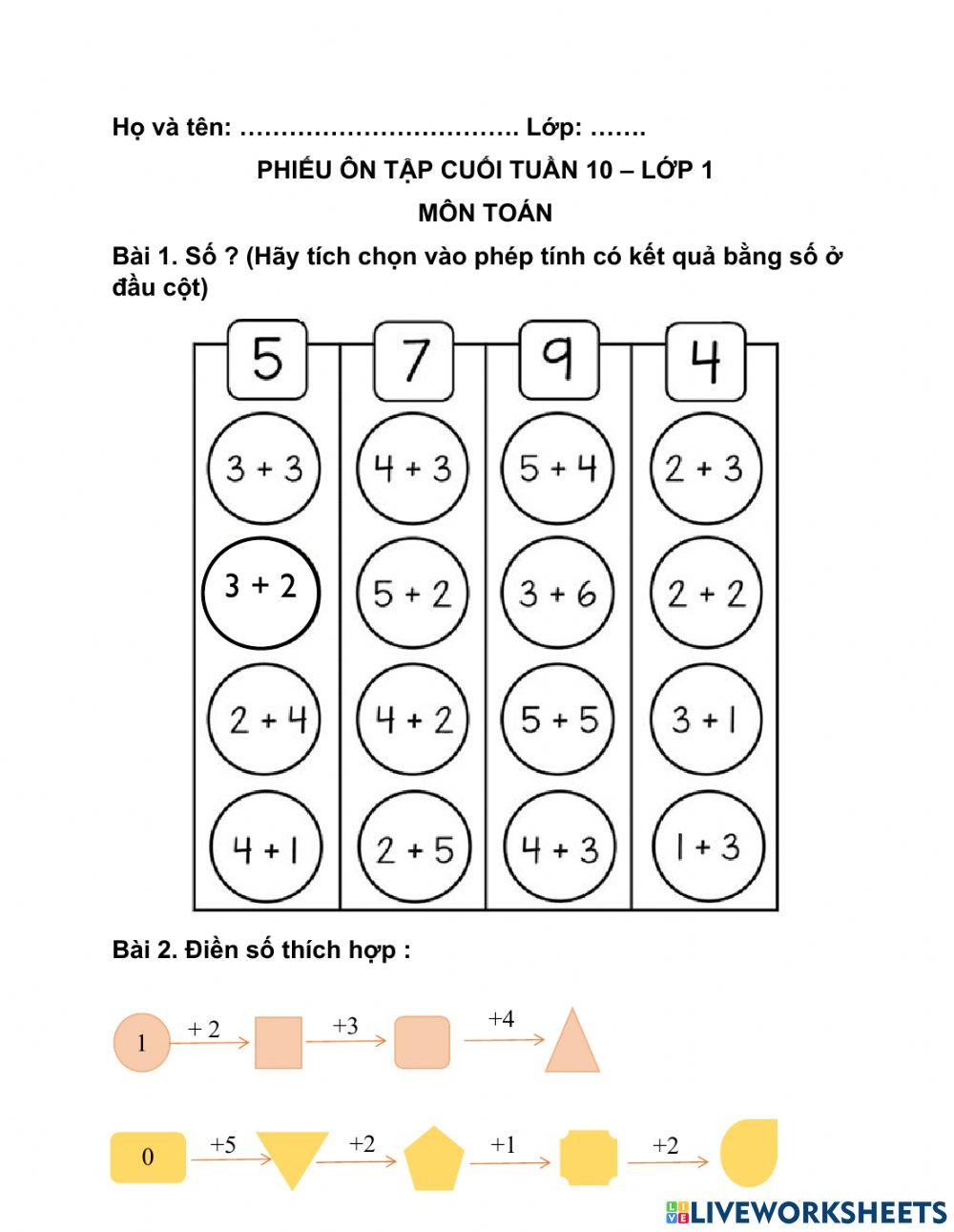 Ôn tập các phép cộng trong phạm vi 10