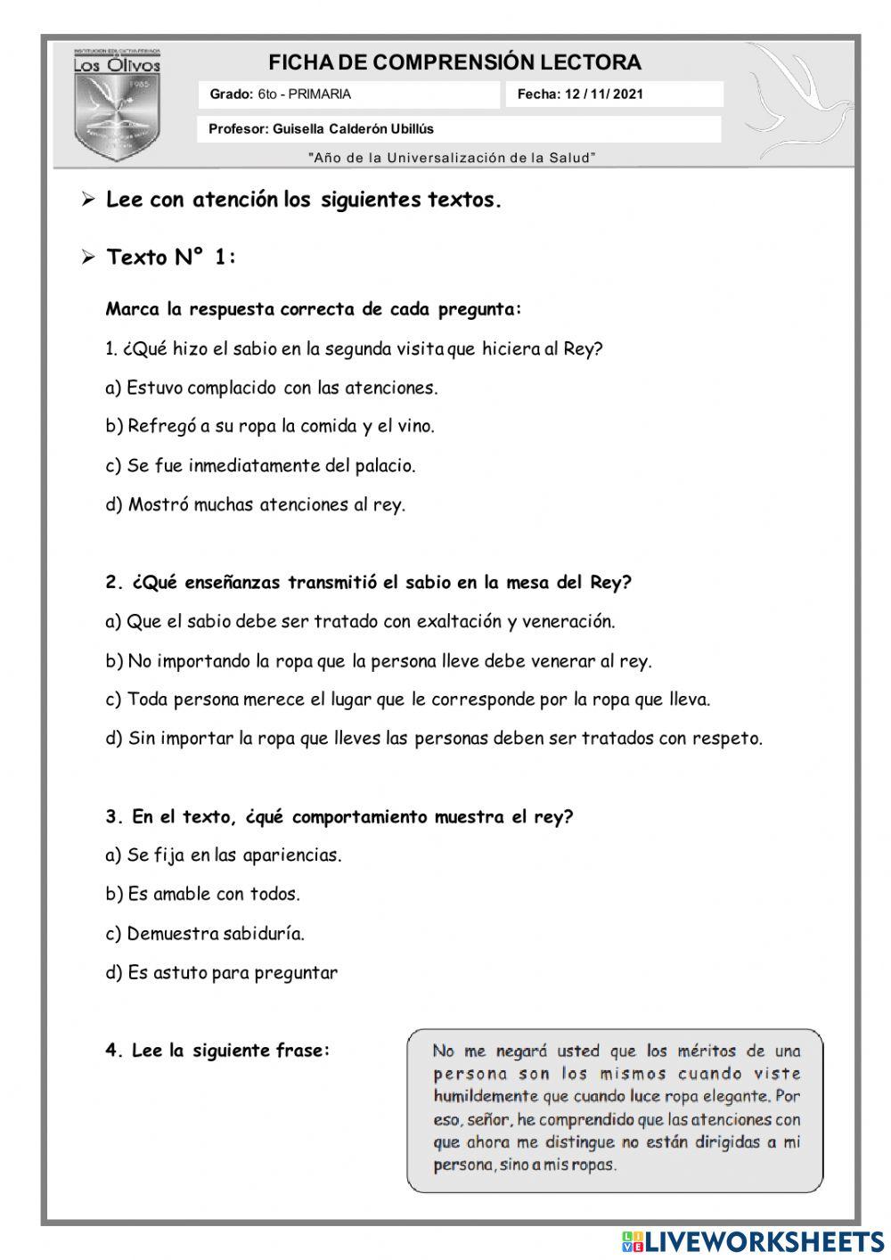 Ficha de comprensión lectora