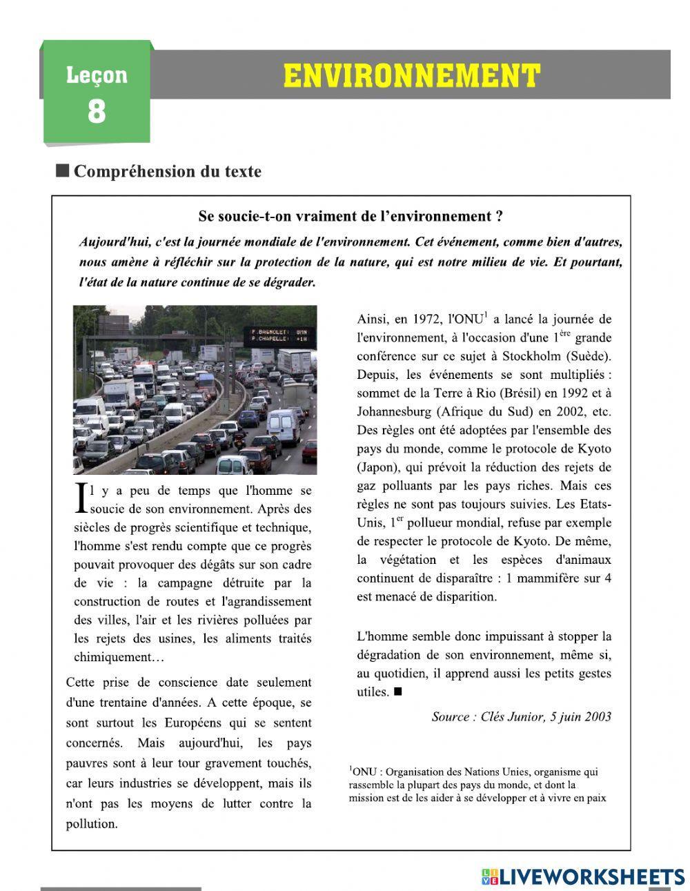 Environnement worksheet