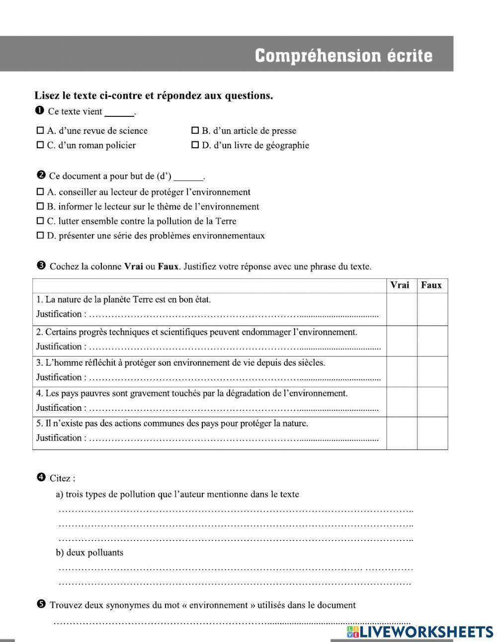 Environnement worksheet