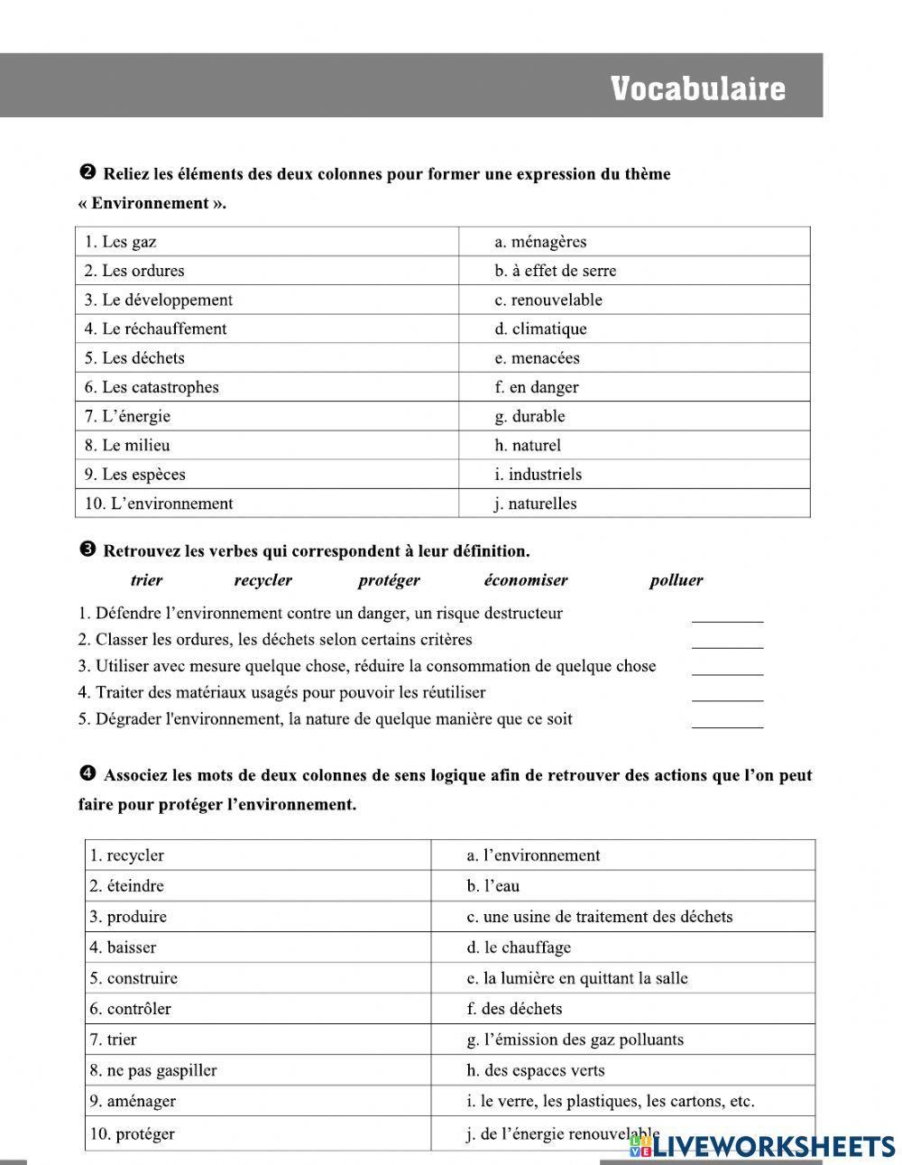 Environnement worksheet