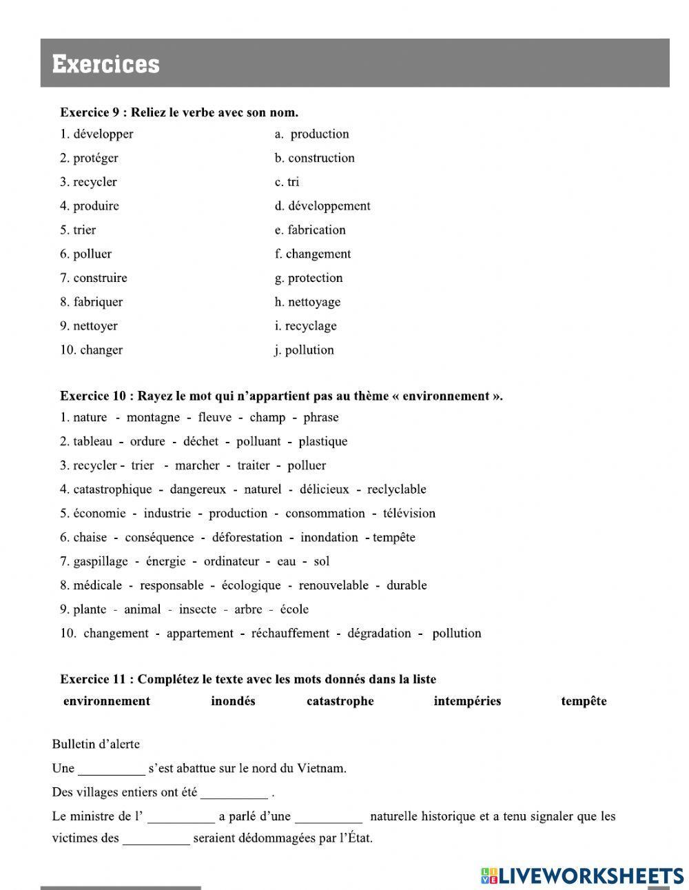 Environnement worksheet