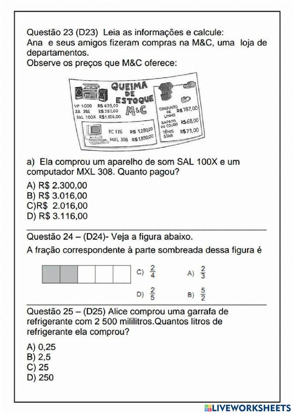 Simulado matemática 5 ano