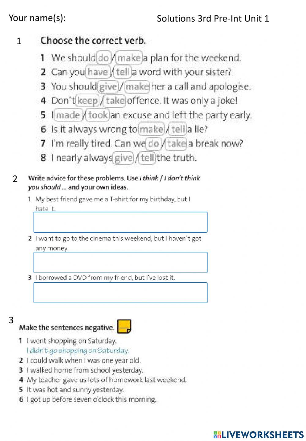 Solutions 3rd Pre-Int Unit 1