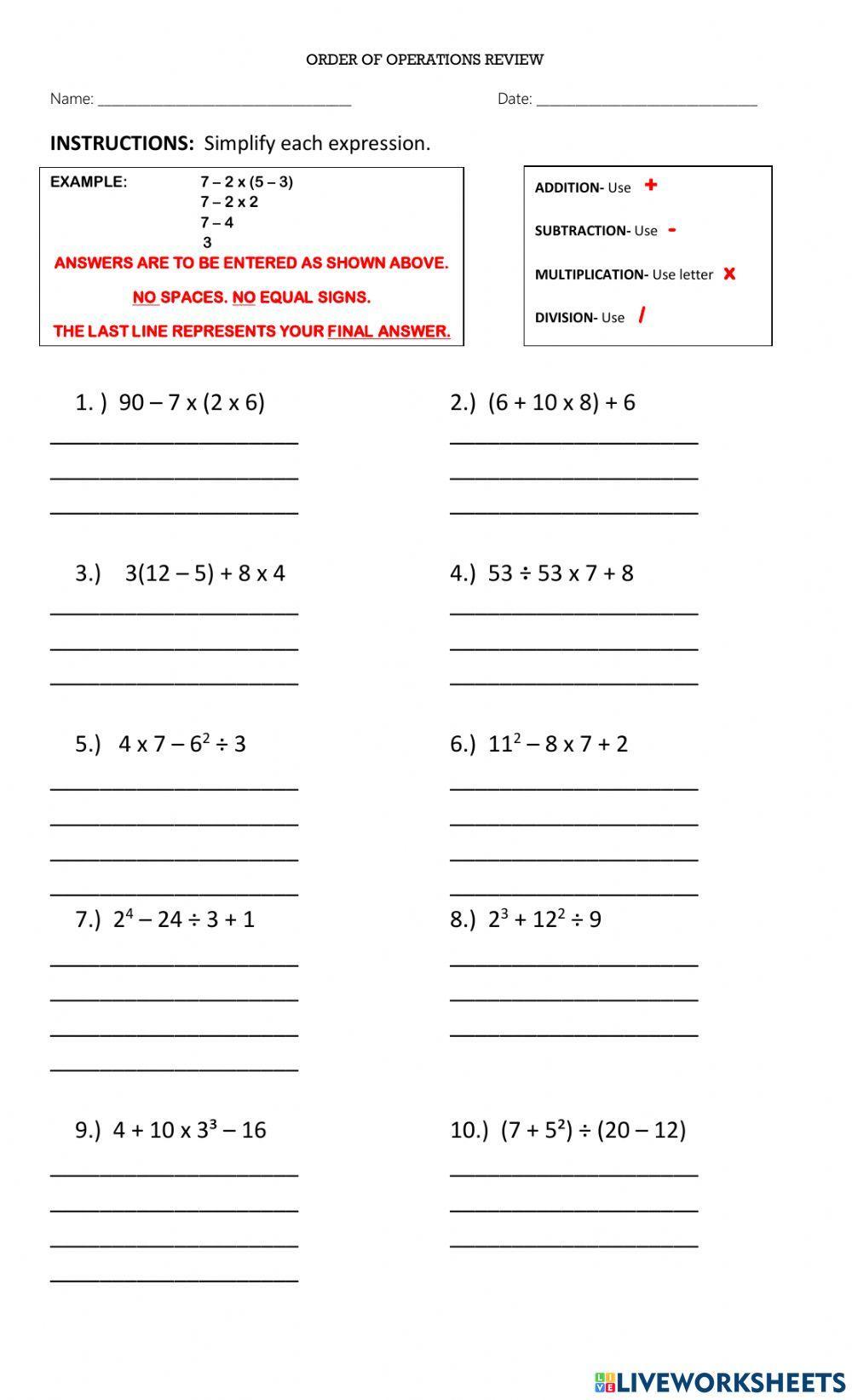 Order of Operations Review worksheet | Live Worksheets