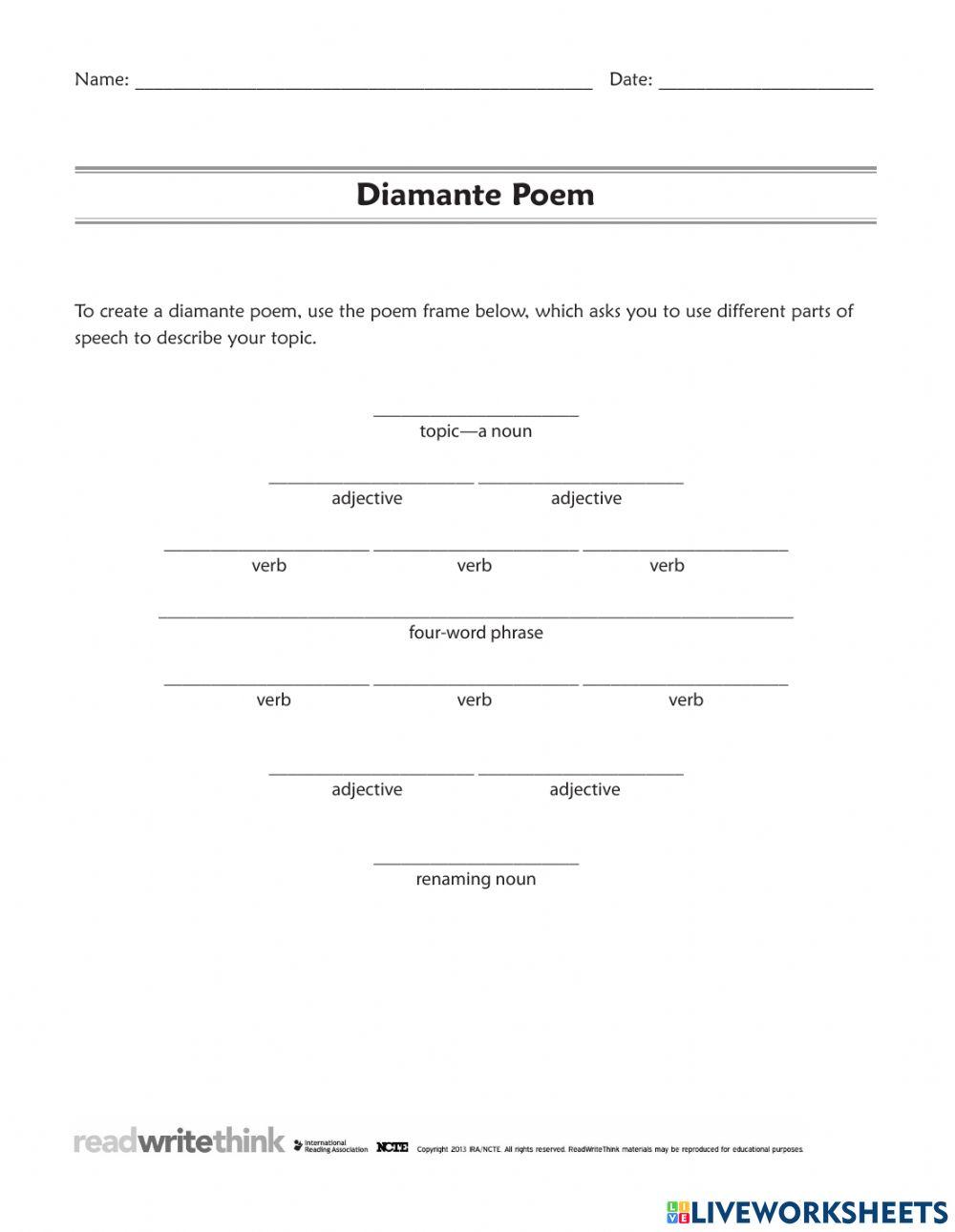 Diamante Poem Template worksheet Live Worksheets