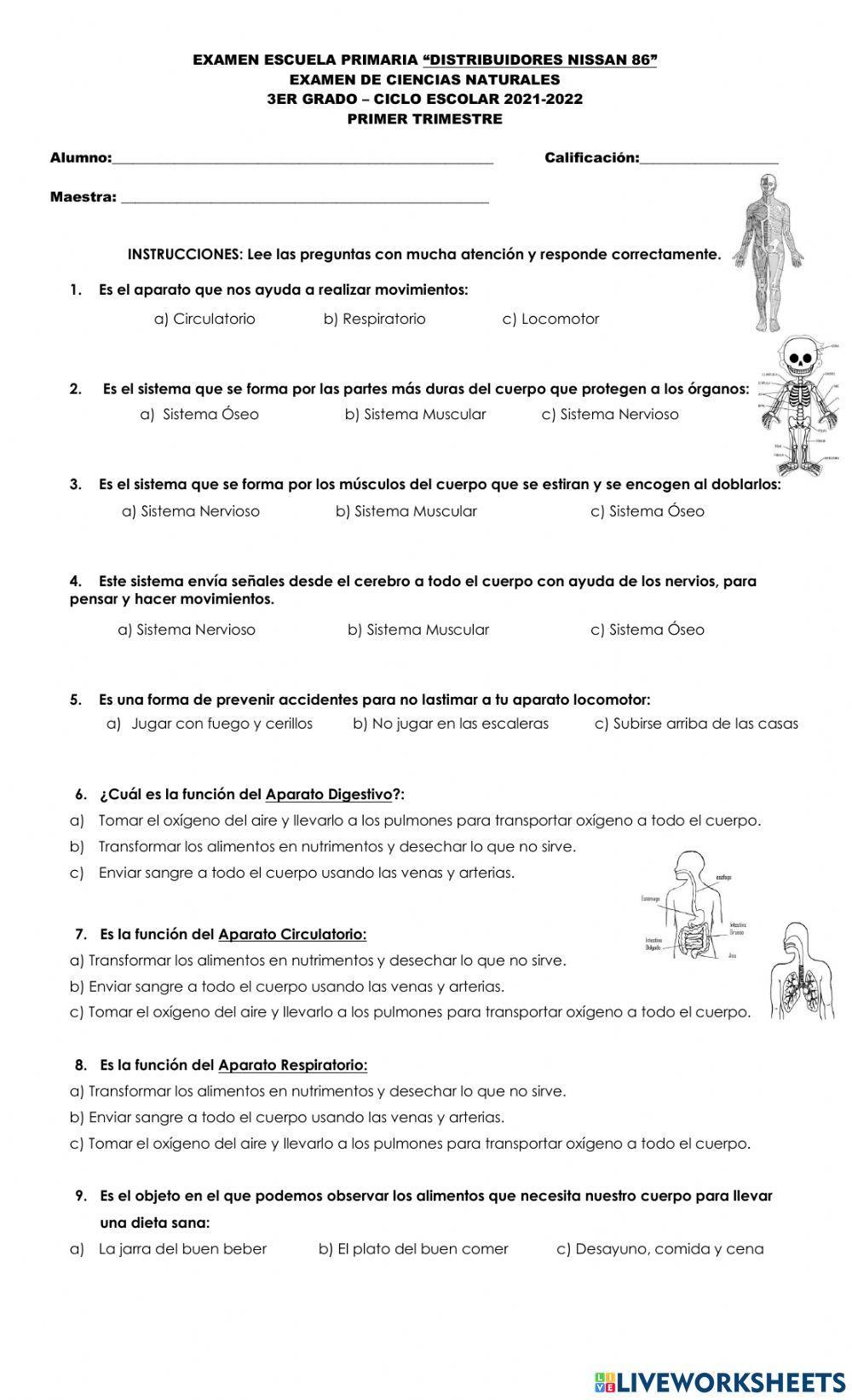 Examen de ciencias naturales, tercer grado. primer trimestre
