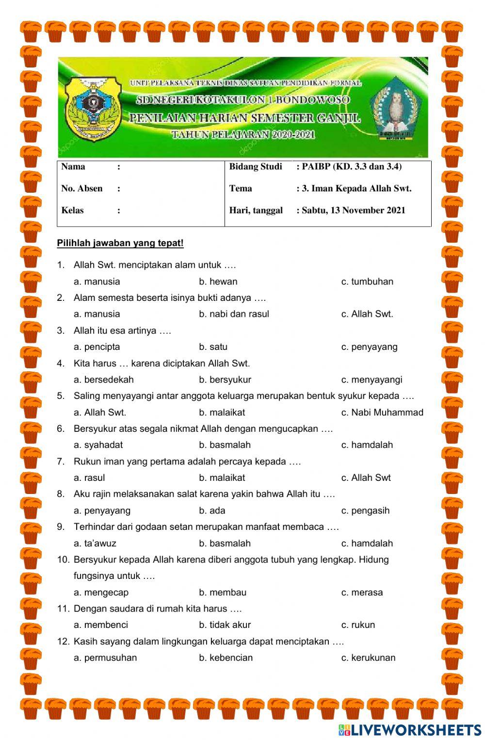 Soal PAI Kelas 1 Pembelajaran 3