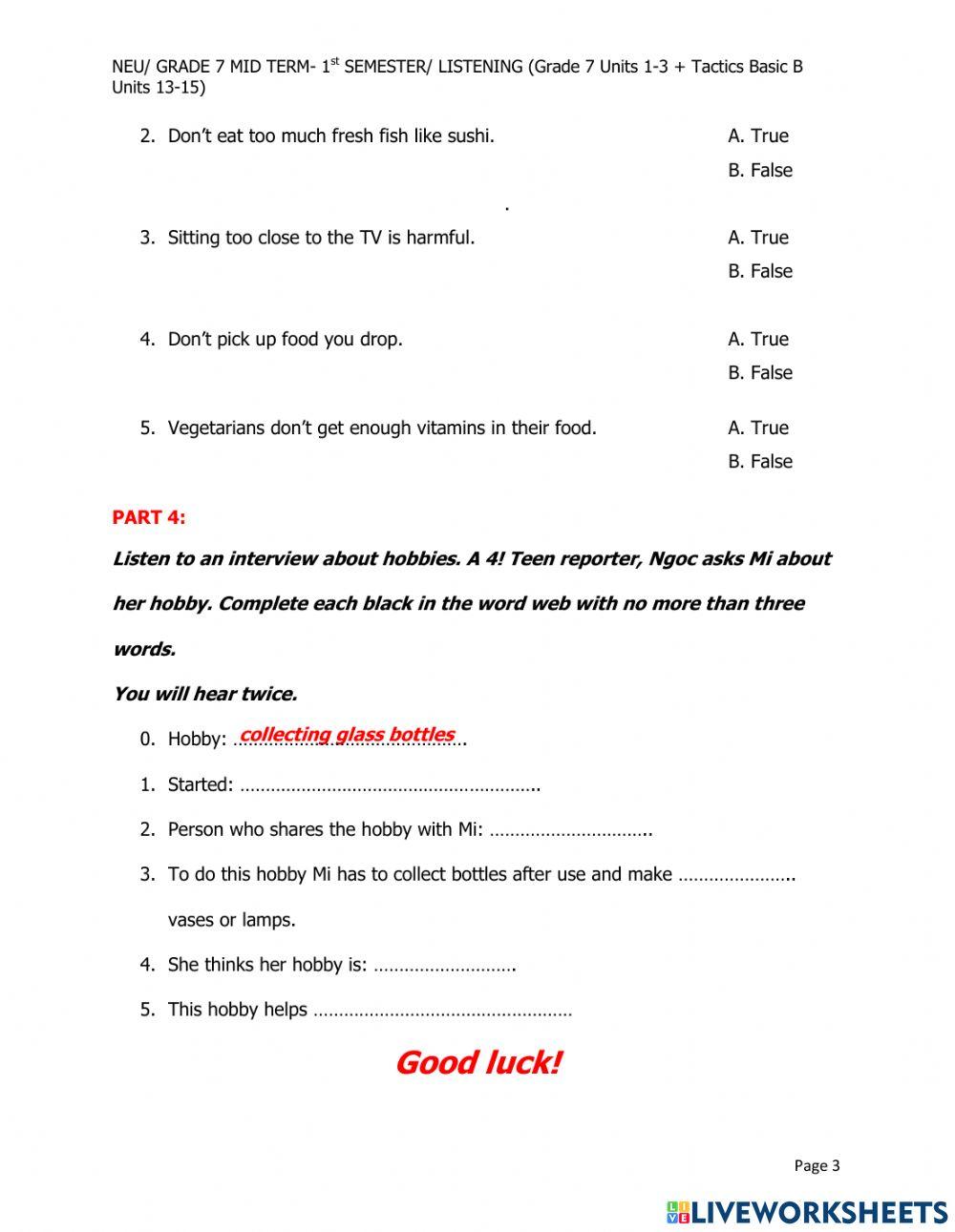 GRADE 7 - 1st MID-TERM TEST- LISTENING