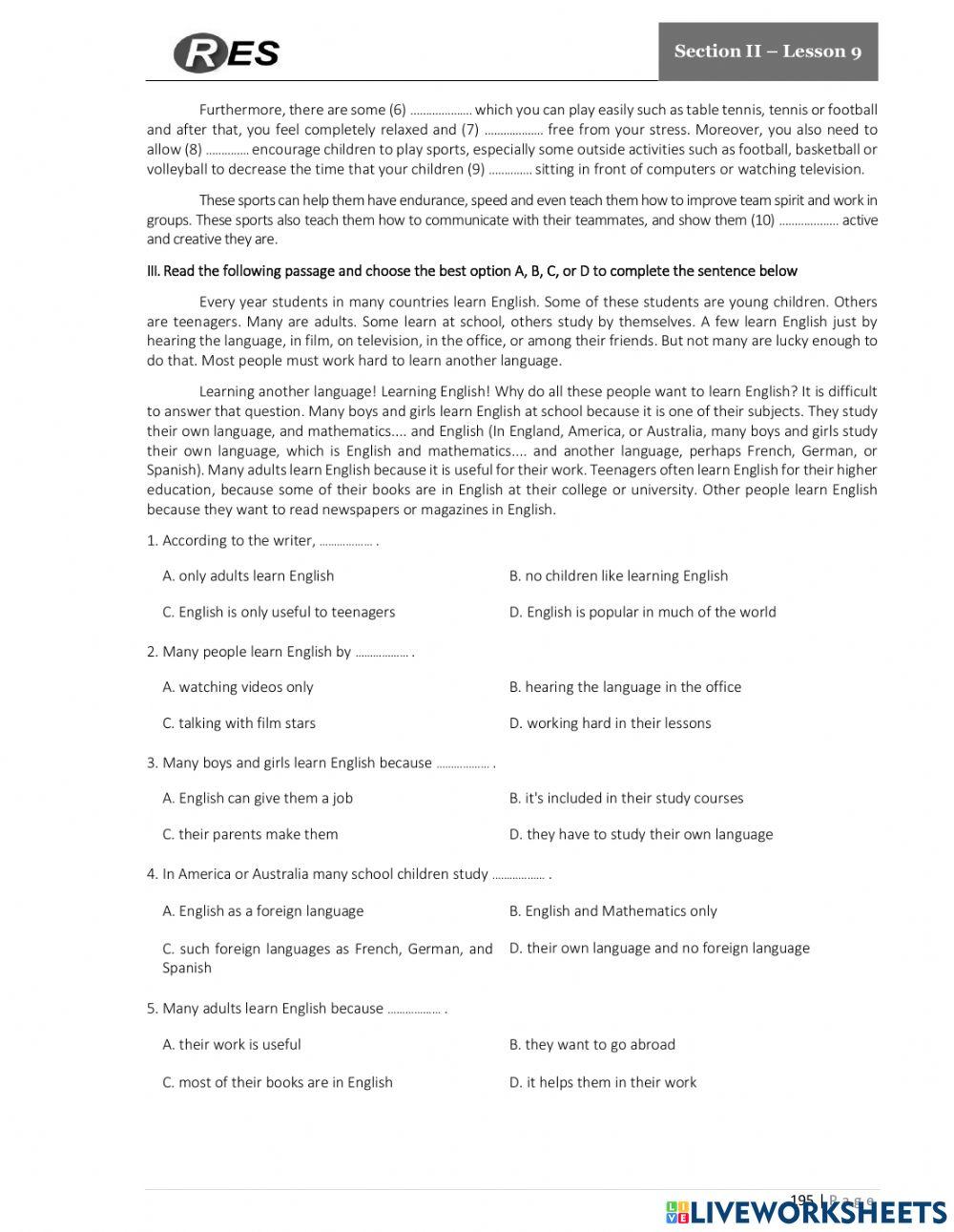 Teen 2 pretest online exercise for live worksheets