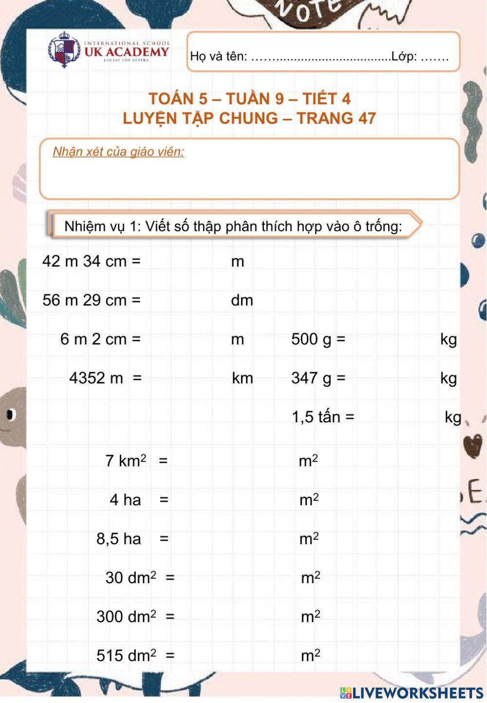 Toán 5 - Luyện tập chung - Trang 47