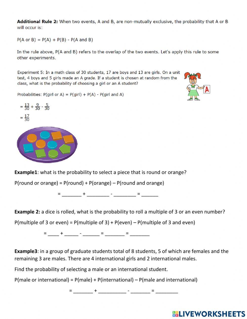 Probability and the addition rule 2 worksheet | Live Worksheets