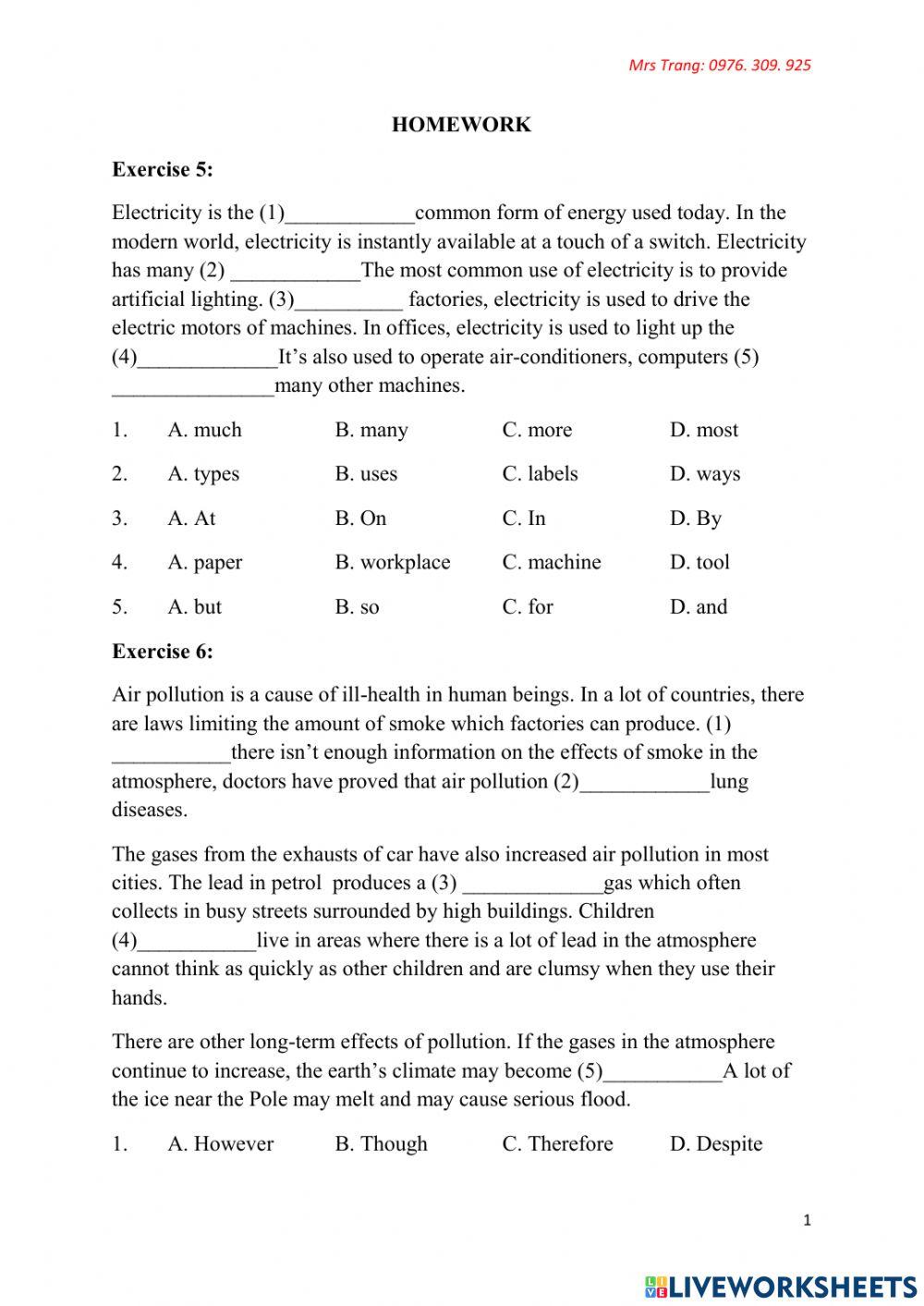 Reading homework 1638486 | Trangxuxu | Live Worksheets