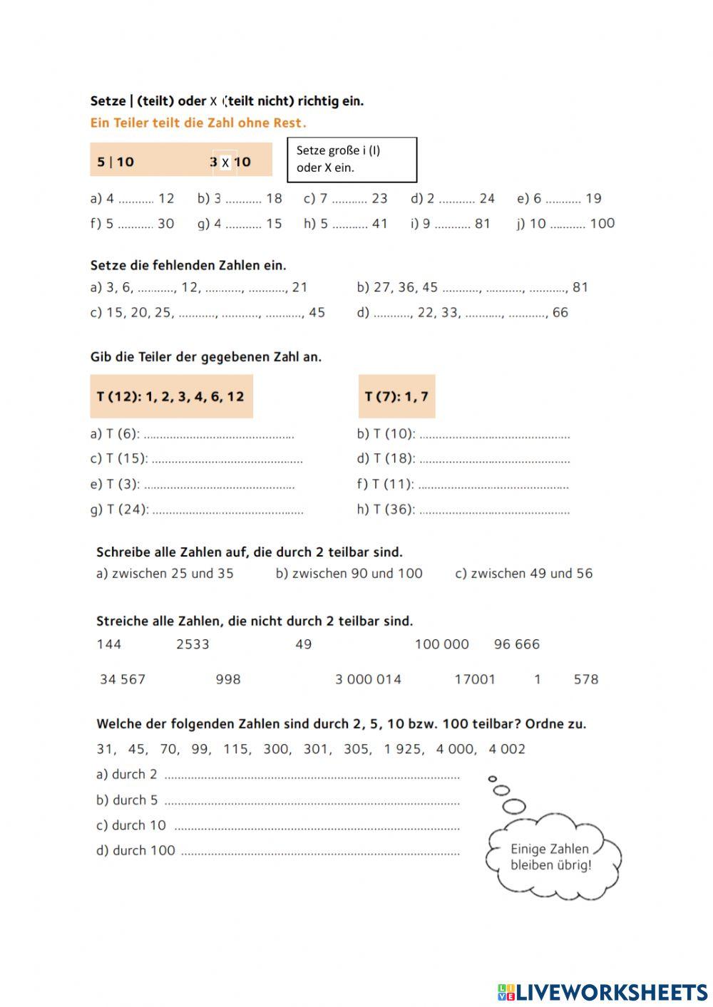 Teiler und Vielfache interactive worksheet | Live Worksheets