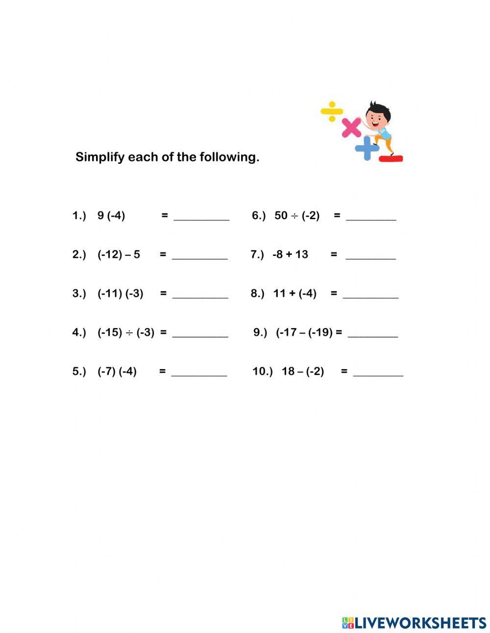 WS1 - Operations on Integers interactive worksheet | Live Worksheets
