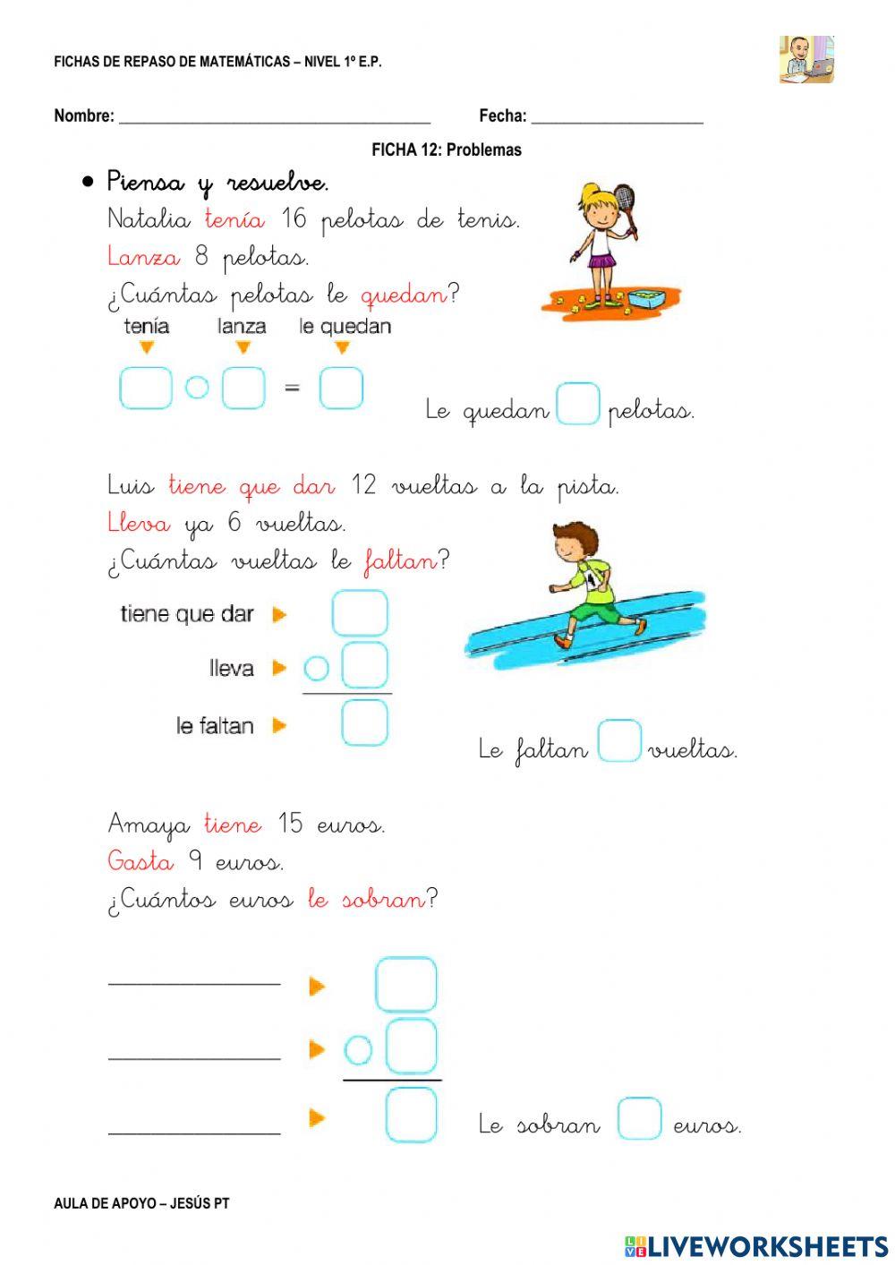 Ficha de Matemáticas 12-1EP-Problemas de resta