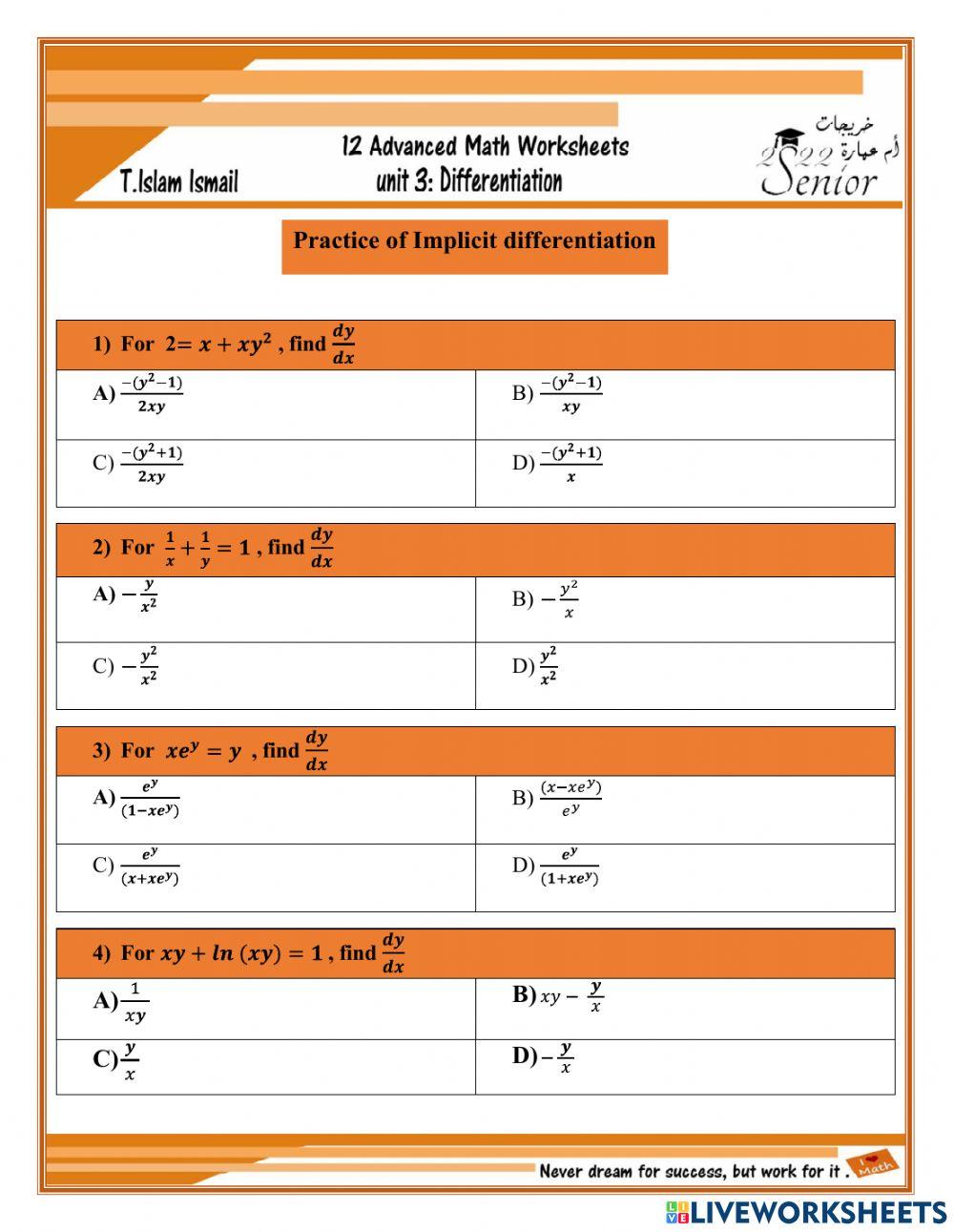 Practice of Implicit differentiation online exercise for Live Worksheets