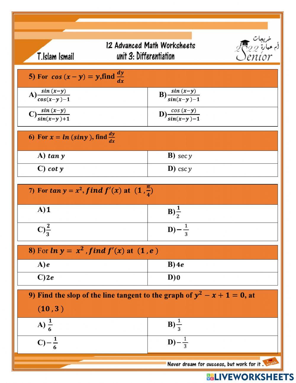 Practice of Implicit differentiation online exercise for Live Worksheets