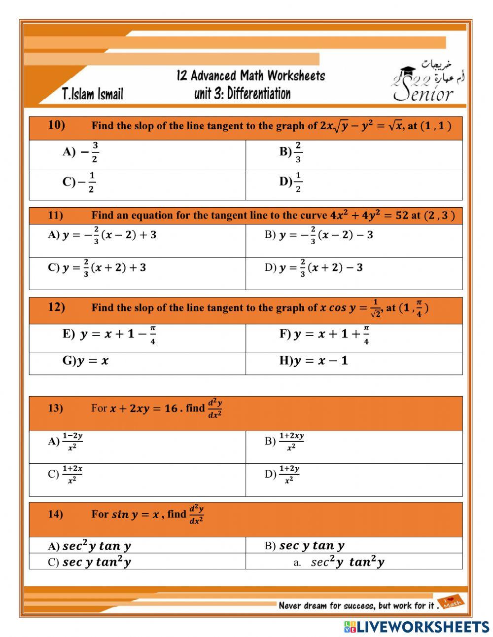 Practice of Implicit differentiation online exercise for Live Worksheets
