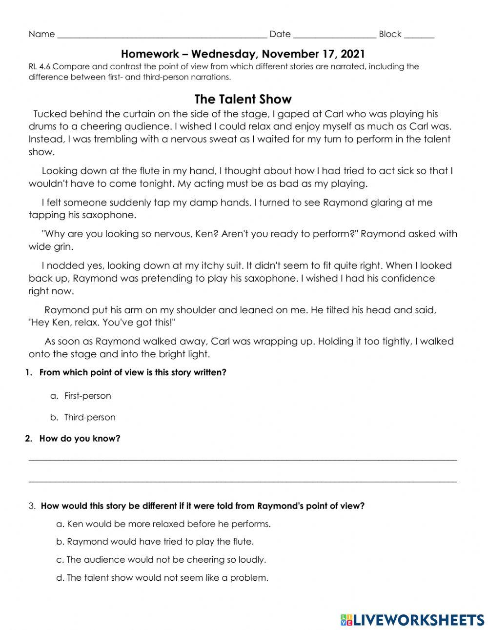 Point of View HW 11.17.2021 worksheet | Live Worksheets