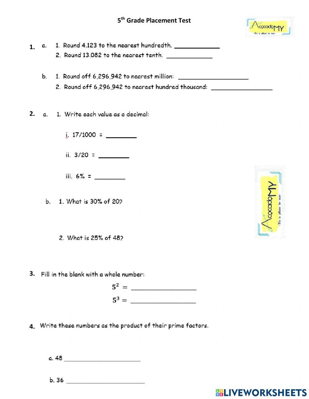 5th Grade Placement Test Math